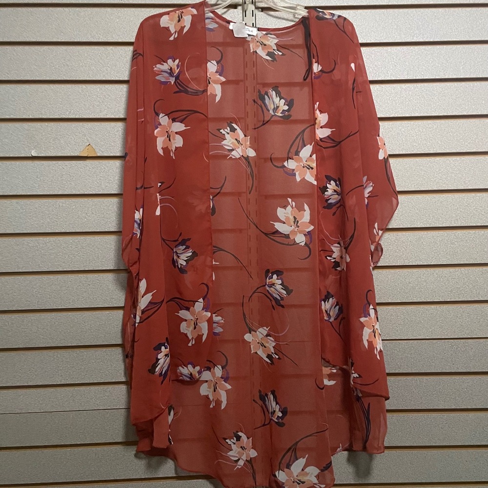 Emory Park Floral Kimono Cardigan Rust Orange Women's 1XL Lightweight‎